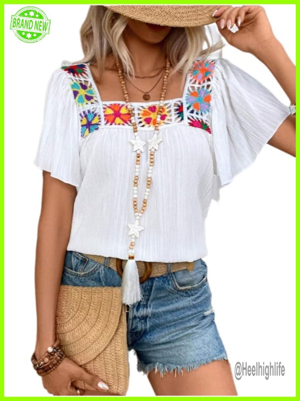 Boho Floral Crochet Ruffle Short Sleeve Square Neck Hollow Out Blouse